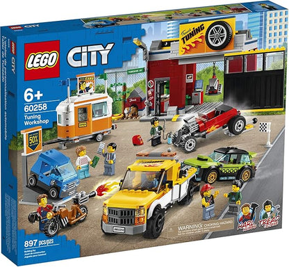 LEGO City Tuning Workshop 60258 Features a Toy Garage Car Shop Camping Trailer Motorcycle Crane and Tow Truck in One Fun Playset Makes a Great Gift for Kids