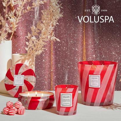Voluspa Crushed Candy Cane, 3 Wick Tin Candle, 12 oz, 40 Hour Burn Time, Coconut Wax for Clean Burning, Handcrafted in the USA