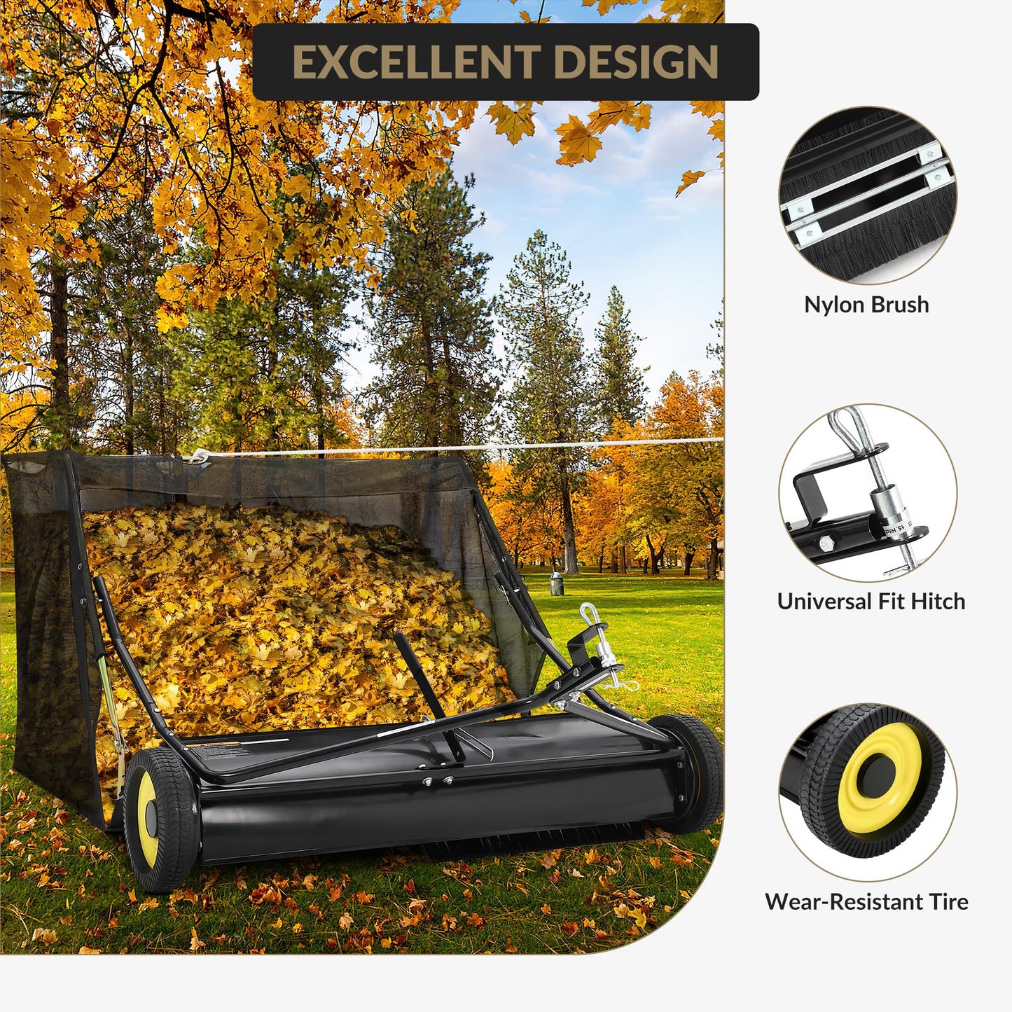 Tow Behind Lawn Sweeper 50" Wide, 26 Cu.Ft Large Hopper Yard Sweeper, Pull Behind Leaf Collector with Adjustable Sweeping Height, Universal Fit for Lawn Tractor & Debris Cleanup