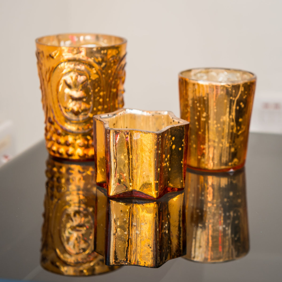 Insideretail Mercury Glass Tea Light Holders, Vertical-with Distressed Orange Foil, 7cm, Set of 48, 48 Count