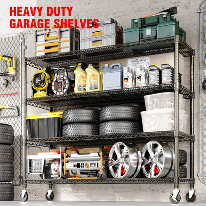 59"W Storage Shelves 2640LBS Heavy Duty Garage Shelving Units with Wheels, 4-Tiers Wire Shelving Rack Metal Storage Shelves with Adjustable Shelf, for Garage Pantry Kitchen Commercial Industrial