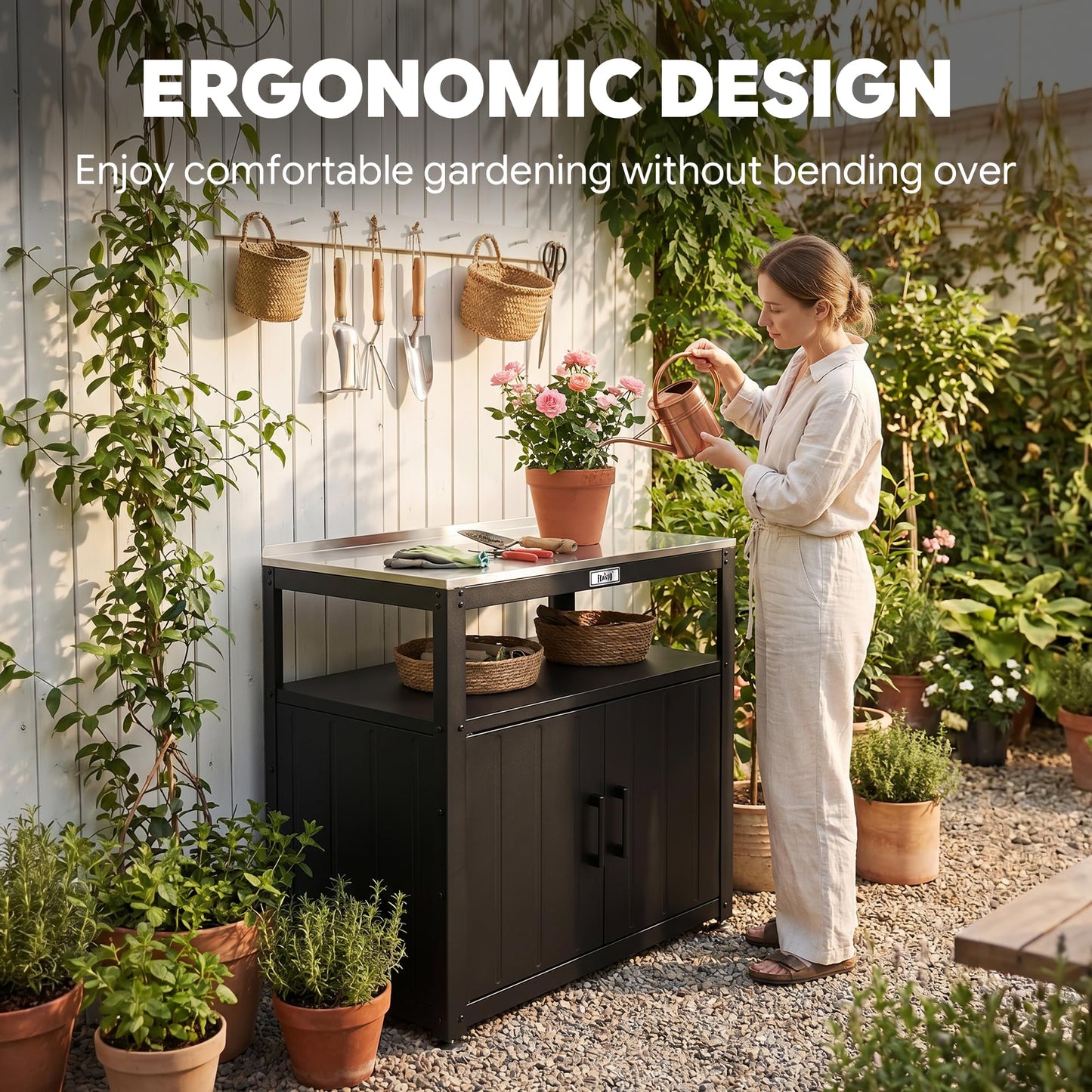 Feasto Outdoor Potting Bench with Storage, Stainless Steel Tabletop Garden Work Bench with Storage Cabinet & Removable Inner Shelf for Patio Lawn Outdoor Gardening