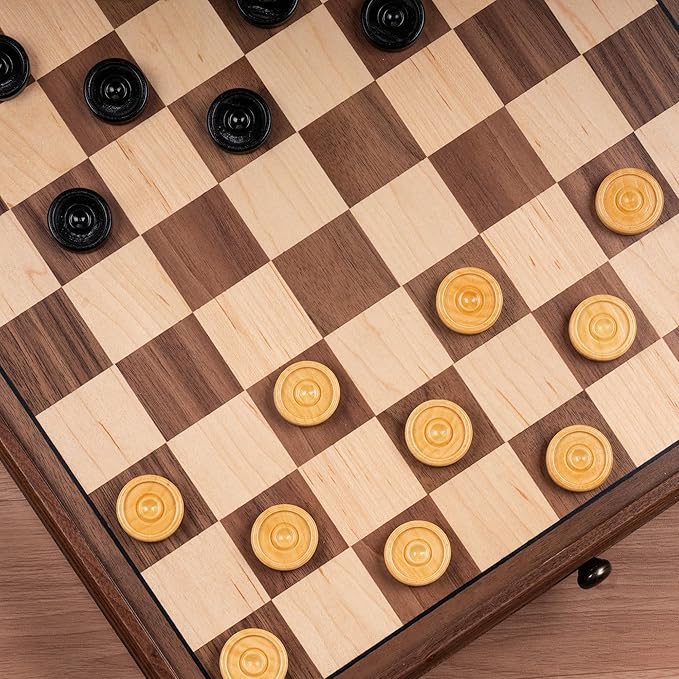 A&ampA 15 inch Walnut Wooden Chess Set with Storage Drawer Triple Weighted Pieces 3.0 inch King Height Walnut &amp Maple Inlay 2 Extra Queen Classic 2 in 1 Chess and Checkers Board Game