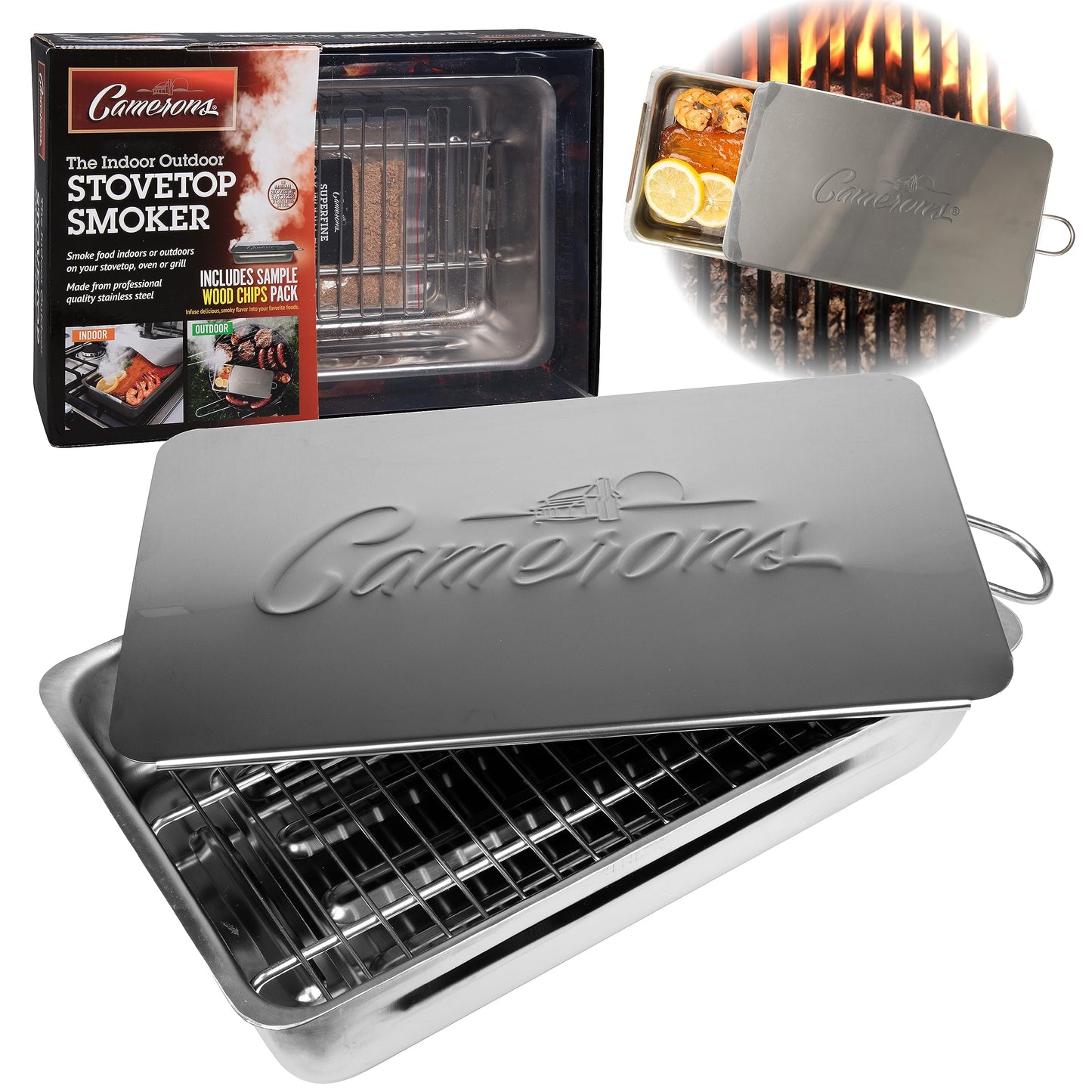 Camerons Indoor Outdoor Stovetop Smoker - Stainless Steel Barbecue Smoker Box w/Oak Wood Chips & Recipes - Works On Any Heat Source, Stovetop or BBQ Grill for Smoking Meats - Grilling Gift for Men