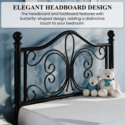 SHA CERLIN Twin Size Bed Frame for Kids,Metal Bed Frame with Butterfly Pattern Design Headboard and Footboard,No Box Spring Needed,Easy Assembly,Black
