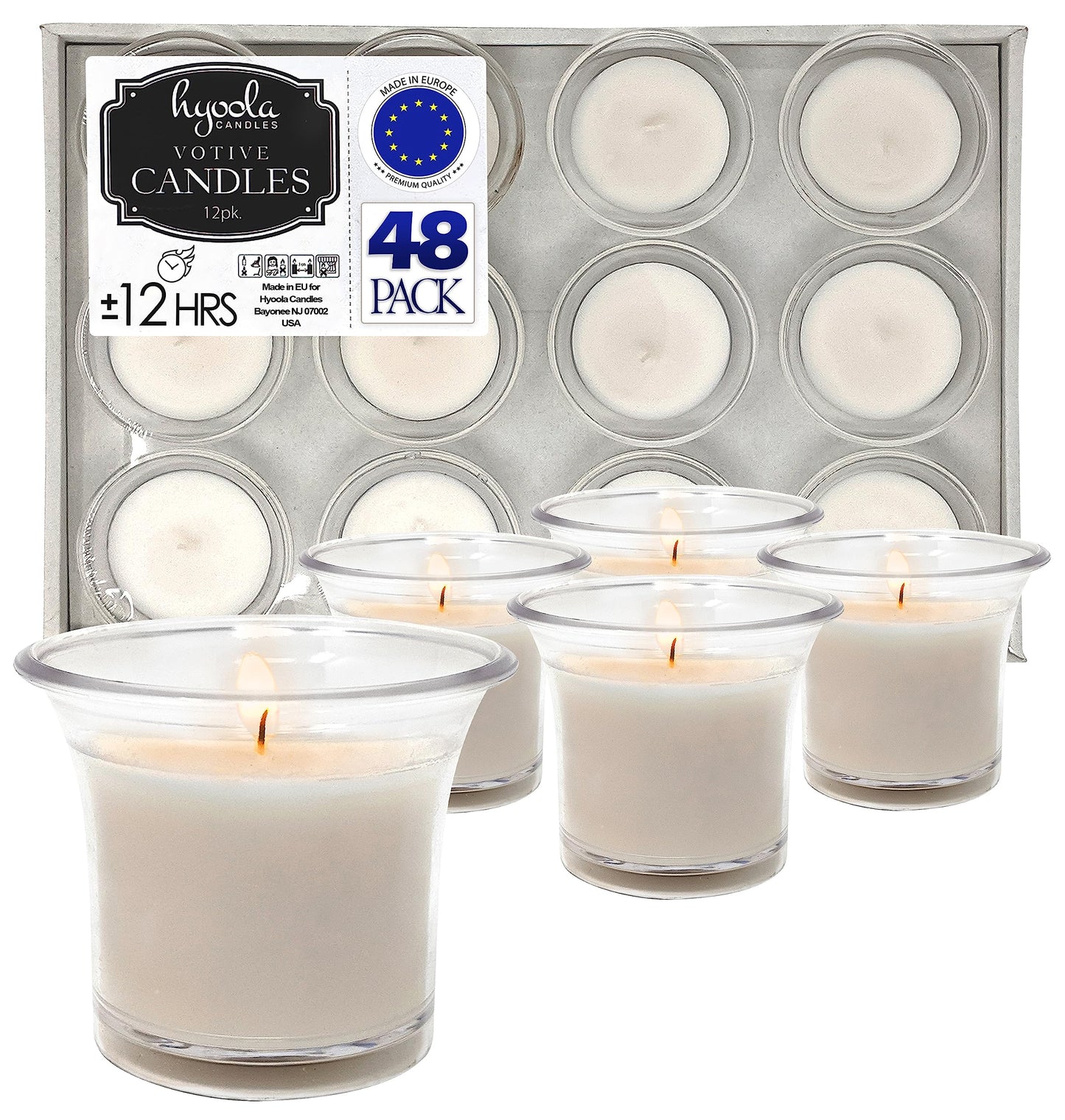 Hyoola Votive Candles - White Votives in Clear Cup - 12 Hour Burn Time Unscented Votive Candles Bulk - Pack of 48 Small Candles in Bulk - Made in Europe