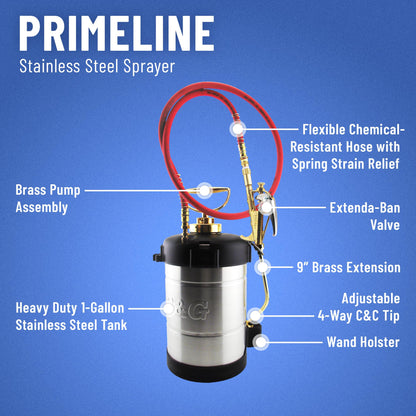 B&G - Primeline 1 Gallon Stainless Sprayer (N124-CC) - Extenda-Ban Valve - 9" Brass Extension - 4-Way Crack & Crevice Tip - Durable, Precise, Field Repairable