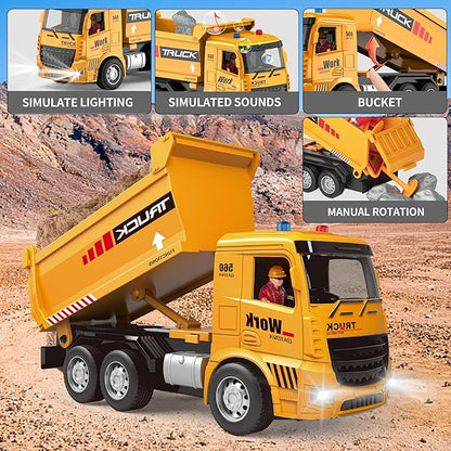 Remote Control Excavator and Dump Truck Toy Set - RC Construction Vehicles Toy with Barricades Road Signs Simulated Rocks Lights and Sounds Birthday Gifts for Toddlers 3-12 year Boys Girls