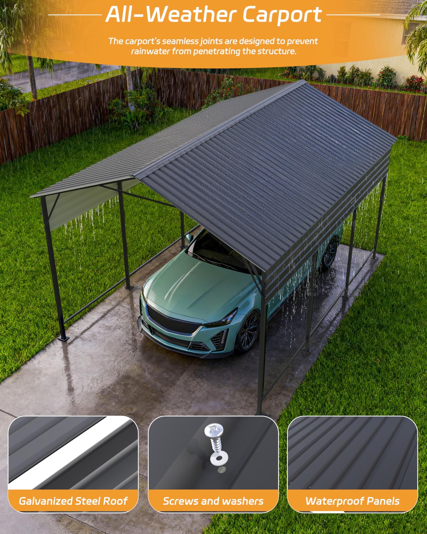 Patiowell 10x15 FT Metal Carport, Heavy Duty Carport with Reinforced Frame and Galvanized Steel Roof, Outdoor Car Port Shelter for Car, Truck, Boat and Tractor, Black