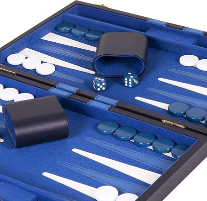 Premium Backgammon 15 Inches Medium Blue - Backgammon Sets for Adults and Kids - Leatherette Back Gammon Board Game Set - Travel Backgammon Set Board Encased with Accessories