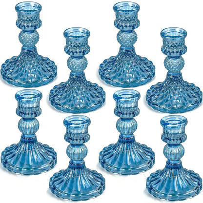 Blue Glass Candlestick Holders,Set of 8 Include Taper Candle Holders and Stripe Candle Holders,Two Style for Formal Events, Wedding, Festival,Church, Party & Festival Decoration