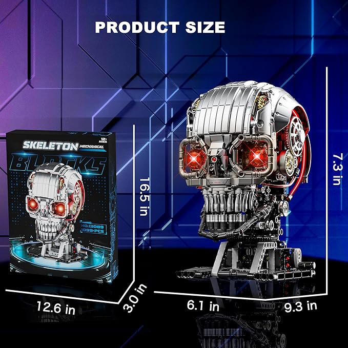 Mechanical Skull Building Set for Adults Mechanical Skeleton Head Building Blocks Set Compatible with Lego Buildable Horror Display Model Home and Office Decor Gift for Adults Teens 14+ (1099 PCS)
