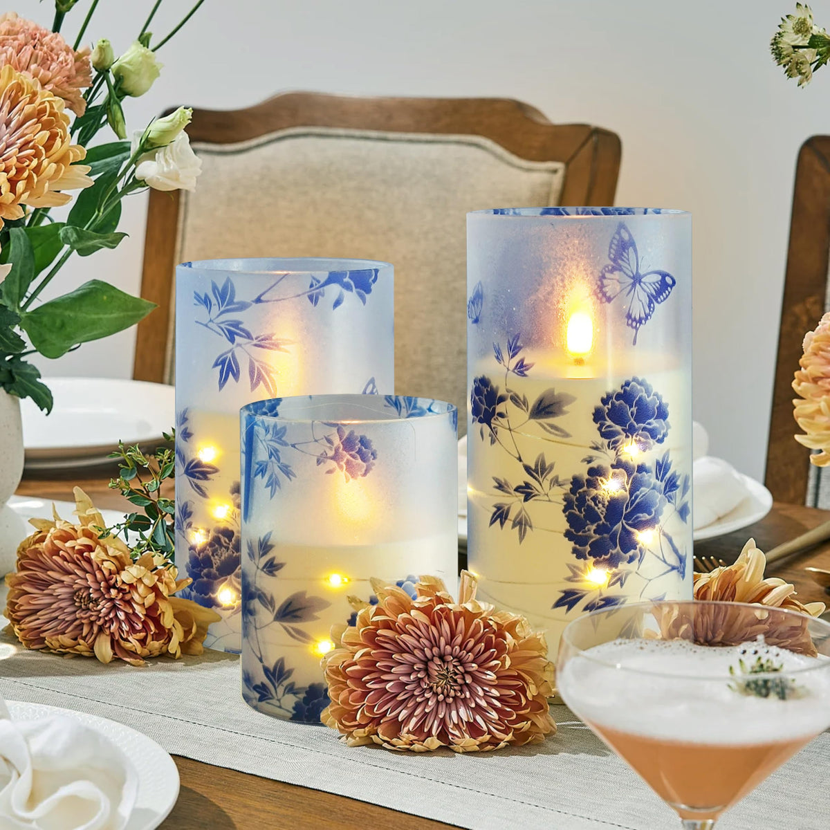 Flickering Flameless Candles Blue Peony Print Embedded Star String Lights, Battery Operated Acrylic LED Pillar Candles with 11-Key Remote and Timer for Home Decoration, 3 Pack