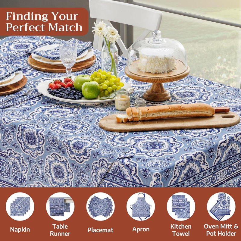 Maison d' Hermine Table Cloth Rectangle Table 100% Cotton 60 x 108 Inches Tablecloth Reusable Decorative for Dining Kitchen Room Farmhouse Home Gifts for Mothers Day Spring Summer - Melodie Bleue