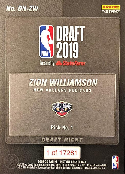 2019-20 Panini Instant Draft Night ZION WILLIAMSON First Rookie Card RC New Orleans Pelicans 1 of 17281 Produced Official Basketball Trading Card in Sealed Top Loader