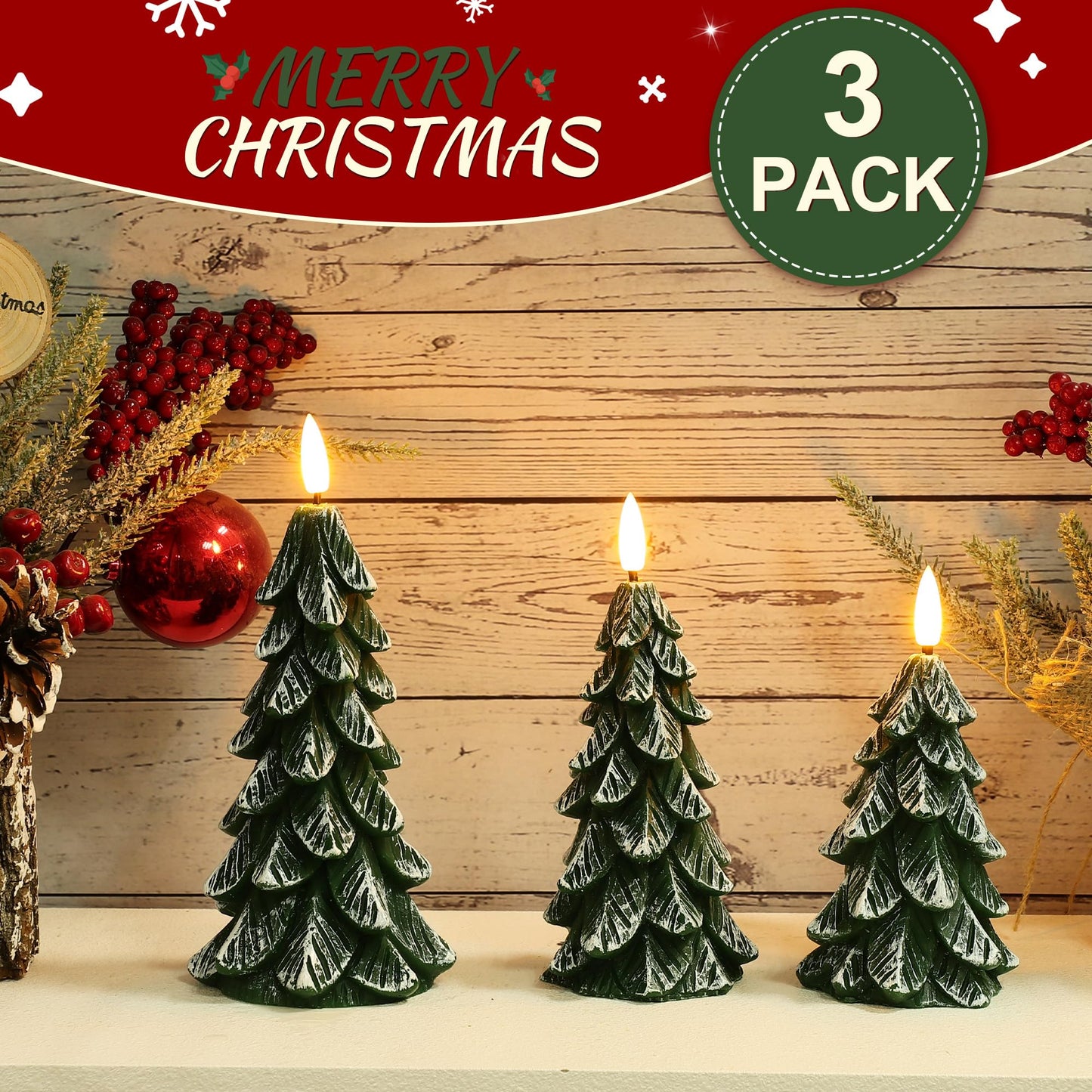 Peninpha 3Pcs Christmas Tree Candles with Remote Timer, Wax LED Flameless Candles Battery Operated with 3D Flickering Flame for Xmas Winter Décor,Green