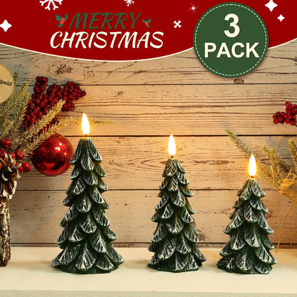 Peninpha 3Pcs Christmas Tree Candles with Remote Timer, Wax LED Flameless Candles Battery Operated with 3D Flickering Flame for Xmas Winter Décor,Green