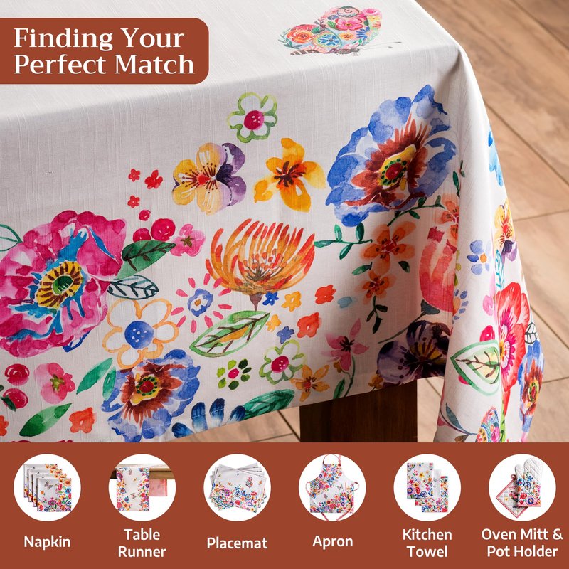Maison d' Hermine Table Cloth Rectangle Table 100% Cotton 60 x 120 Inches Tablecloth Reusable Decorative for Dining Kitchen Farmhouse Gifts for Mothers Day Spring Summer- Happy Florals - High Summer