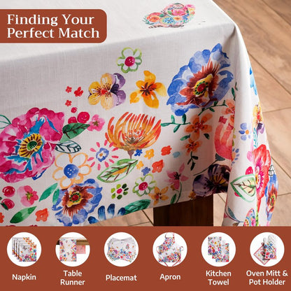 Maison d' Hermine Table Cloth Rectangle Table 100% Cotton 60 x 120 Inches Tablecloth Reusable Decorative for Dining Kitchen Farmhouse Gifts for Mothers Day Spring Summer- Happy Florals - High Summer