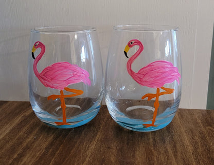 Pink Flamingo Hand Painted Stemmless Wine Glasses Set of 2 Tropical Home Decor