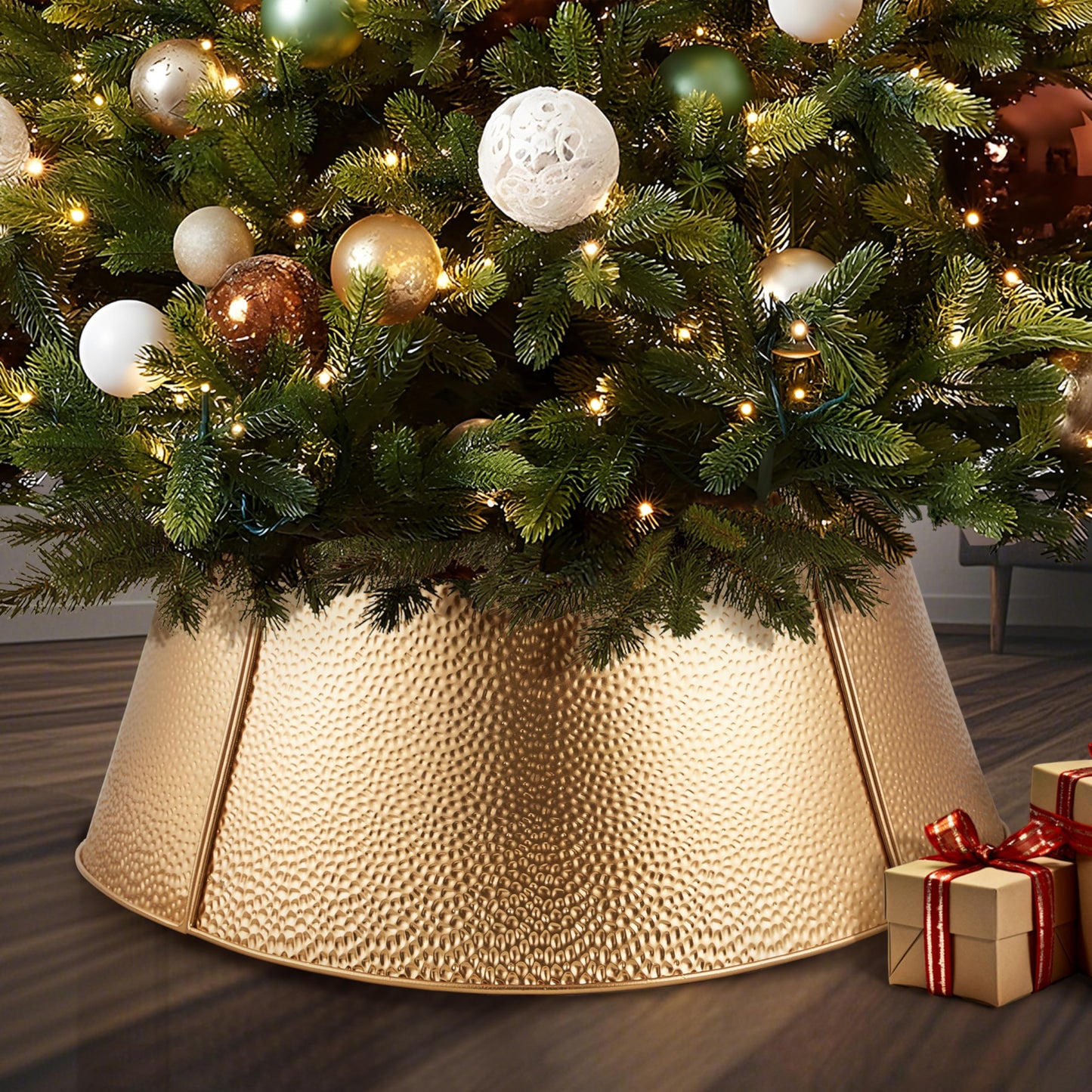 Christmas Tree Collar and Skirt Set - 23" Festive Holiday Decor with Gold Metal Tree Collar Base Stand - Ideal for Real or Artificial Trees - Christmas Skirt Tree Basket Decorations Gift Gold1