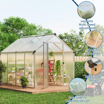 6X8FT Greenhouse, Aluminum Polycarbonate Outdoor Green House, Green Houses for Outside with Sliding Doors, Ajustable Roof Vent, Withstands Bad Weather for Garden, or Backyard, Silver