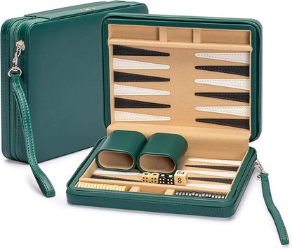 Yellow Mountain Imports Travel Size Backgammon Mini Game Set Izmir - Magnetic Checkers and 9-inch Board in Sleek Leatherette Case - Classic Strategy Board Game