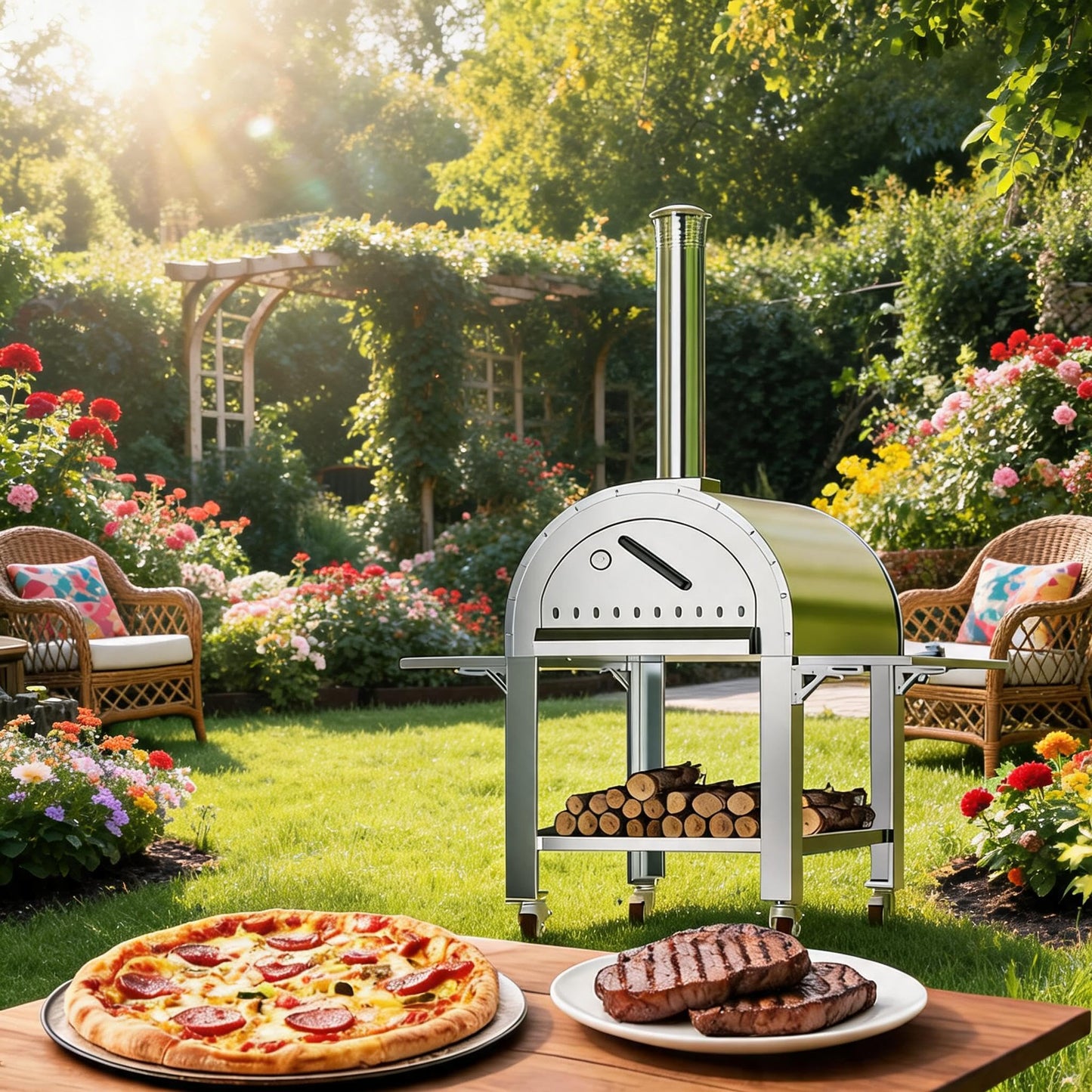 Garvee 44 Inch Pizza Oven Outdoor,Wood Fire & Propane Gas Dual Fuel with Wheels and Accessories in Stainless Steel for Restaurant, Backyard, Garden, Patio, Camping, Silver
