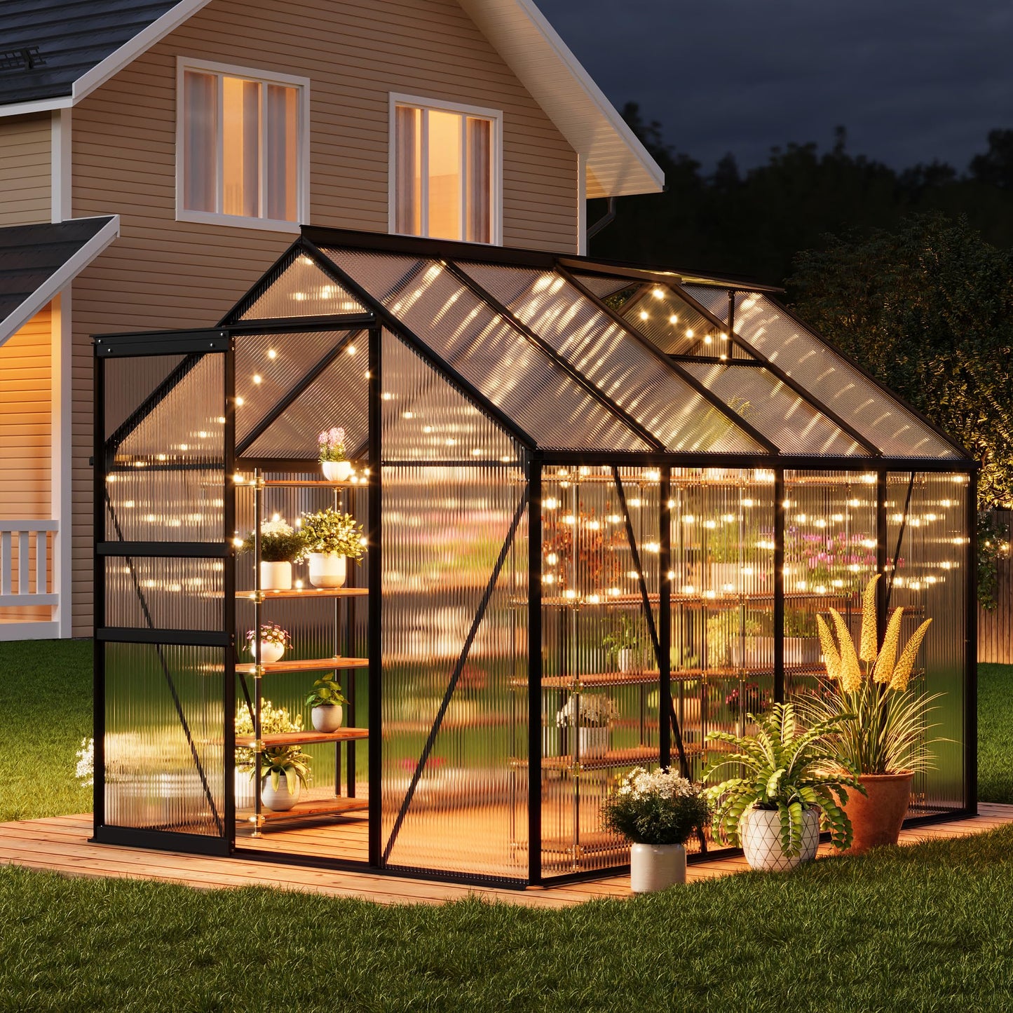 6x8FT Greenhouse for Outdoors, Walk-in Polycarbonate Greenhouse with Sliding Door, Adjustable Roof Vent & Gutter System, Portable Outdoor Green House Kit for Winter Gardening