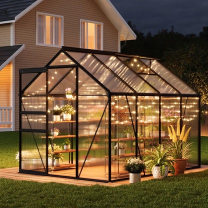 6x8FT Greenhouse for Outdoors, Walk-in Polycarbonate Greenhouse with Sliding Door, Adjustable Roof Vent & Gutter System, Portable Outdoor Green House Kit for Winter Gardening