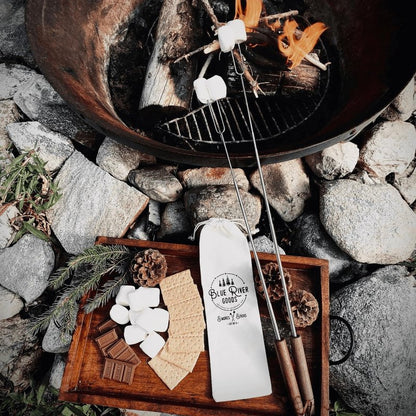 Blue River Goods Smores Sticks | Set of 6 Marshmallow Roasting Sticks | Extendable Stainless Steel w/Walnut Handles | Smore Sticks for Marshmallow Sticks for Fire Pit | Smore Sticks for Fire Pit