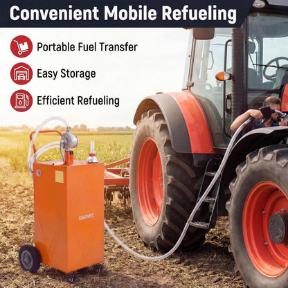 Garvee 35 Gallon Portable Fuel Caddy with Manual Rotary Pump, Heavy-Duty Steel Transfer Tank on 4 All-Terrain Wheels, Mobile Gas & Diesel Storage Container for Trucks, Boats, ATV, Lawn Mower - Orange