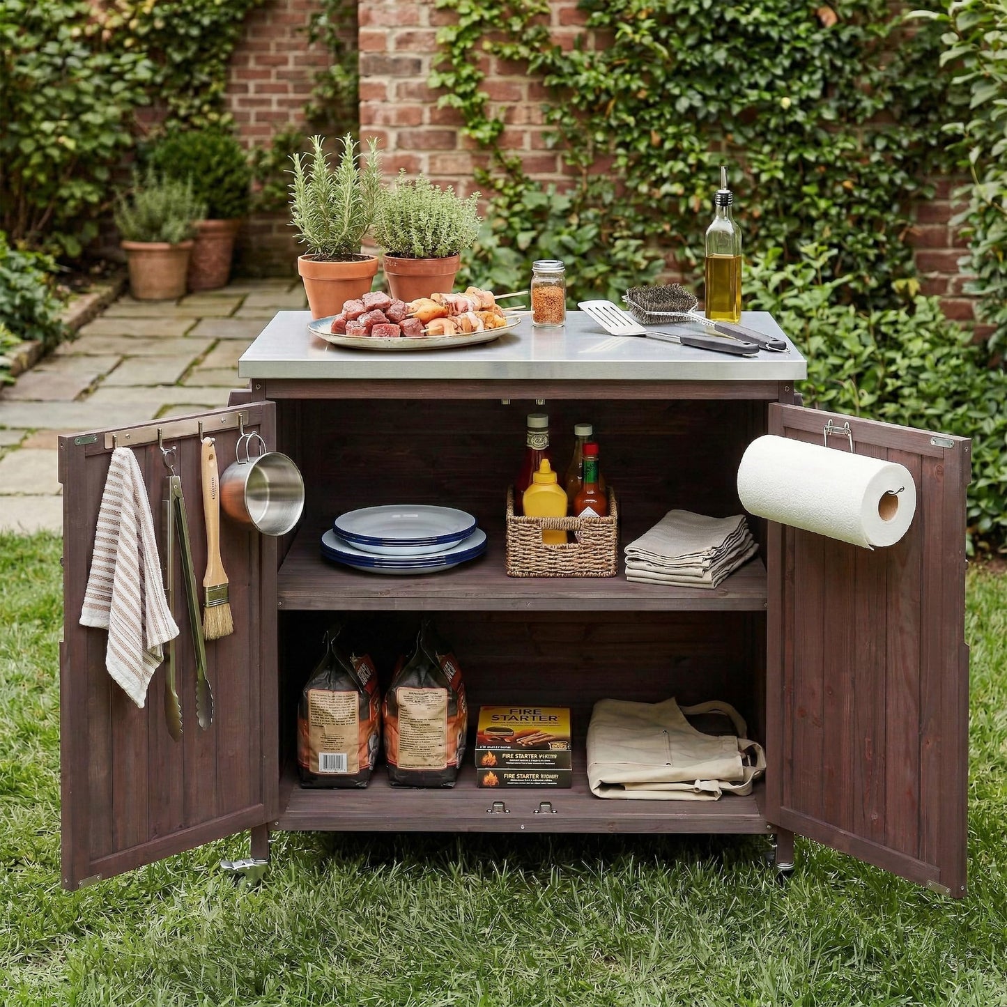 Merax Farmhouse 39.4" Grill Cart with Drawer, Storage Cabinet and Stainless Steel Top, Outdoor Grill Station w/Internal Racks & Lockable Wheels, Modular Kitchen Island for Food Prep & BBQ, Dark Brown