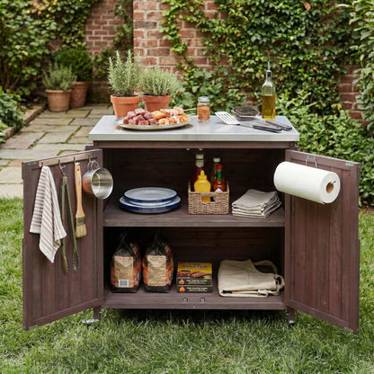 Merax Farmhouse 39.4" Grill Cart with Drawer, Storage Cabinet and Stainless Steel Top, Outdoor Grill Station w/Internal Racks & Lockable Wheels, Modular Kitchen Island for Food Prep & BBQ, Dark Brown