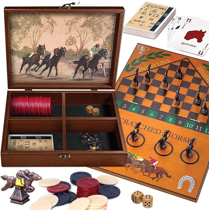 WE Games Derby Horse Race Board Game Set with Metal Game Pieces and Wooden Keepsake Storage Box Family Game Night Board Games for Adults and Family Birthday Gifts Home Decor Living Room Decor