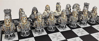 Medieval Times Skull Busts Gothic Fantasy Skeleton Knights Chess Set with 17 Maltese Board