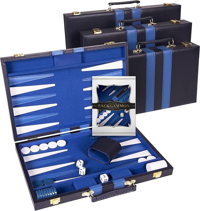 Premium Backgammon 15 Inches Medium Blue - Backgammon Sets for Adults and Kids - Leatherette Back Gammon Board Game Set - Travel Backgammon Set Board Encased with Accessories