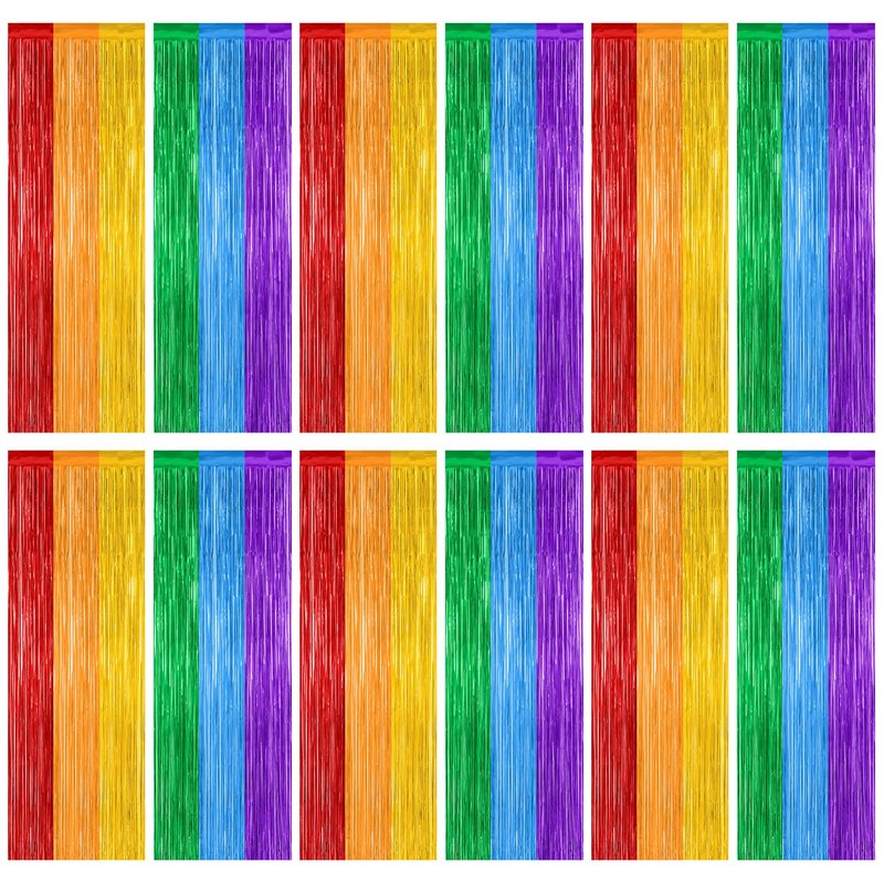 12 Pack Rainbow Backdrop, 3.28 FT x 7.05 FT Pride Decorations, Metallic Fringe Curtains Party Streamer Tinsel Backdrop, Rainbow Foil Curtains Birthday Party Decor Photo Booth Props