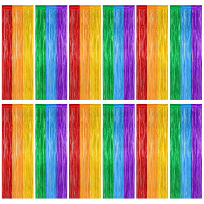 12 Pack Rainbow Backdrop, 3.28 FT x 7.05 FT Pride Decorations, Metallic Fringe Curtains Party Streamer Tinsel Backdrop, Rainbow Foil Curtains Birthday Party Decor Photo Booth Props