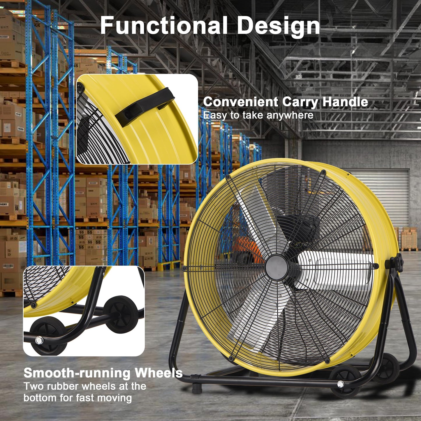 KEGIAN 30" Industrial Floor Fan, 14000 CFM High Velocity Drum Shop Fan, Heavy Duty, 3-Speed, 360° Fully Adjustable Tilt, Portable Wheels & Handle for Commercial, Warehouse, Garage, Workshop, Gym-ETL