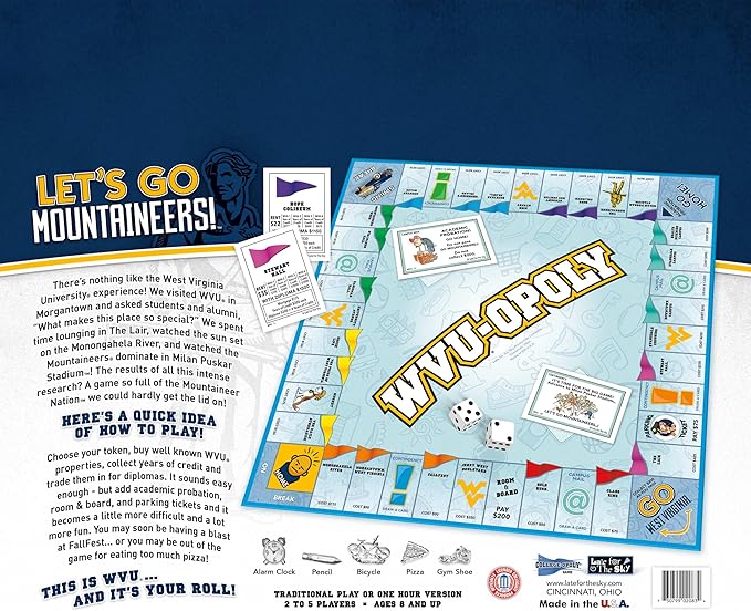 Late for the Sky West Virginia-Opoly Board Game – WVU Campus Edition Family Strategy Game for 2-6 Players College Town Tokens Fast One-Hour or Classic Play