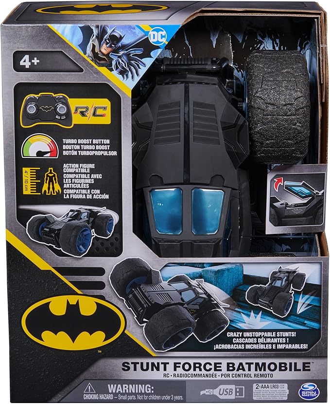 DC Comics Batman Stunt Force Batmobile Indoor Remote Control Car Turbo Boost &amp Crazy Stunts Collectible Super Hero Kids Toys for Boys and Girls 4 and Up