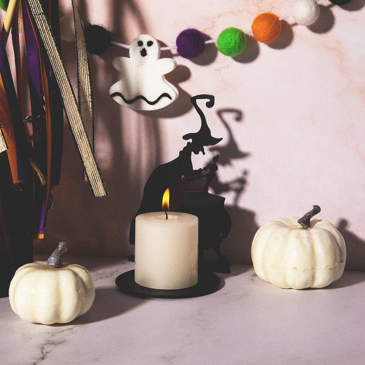 2 Set Halloween Candle Holder Spooky Witch with Cauldron Broom Black Candlestick Pedestal All Hallows Eve Table Centerpiece Table Decor