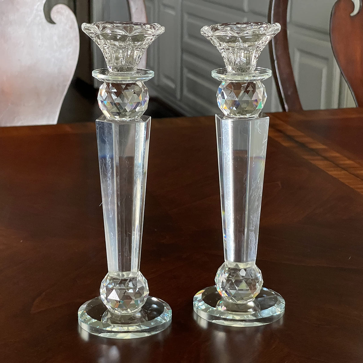 Allgala Set of 2 Crystal Glass Made Reverse Tapered Pillar and Hand Crafted Ball Candlesticks-10-HD89152