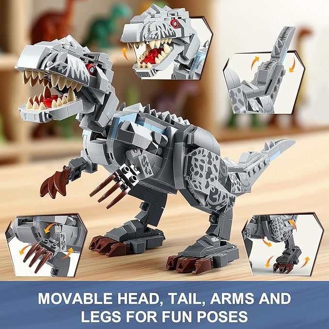 Dual Dinosaur Building Sets - Indominus Rex &amp Mosasaurus Dinosaur Toys with Poseable Joints STEM Educational Toys for Kids Ages 6-12 Creative Birthday Gifts for Boys and Girls