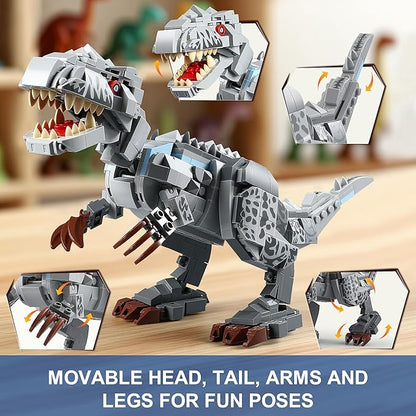 Dual Dinosaur Building Sets - Indominus Rex &amp Mosasaurus Dinosaur Toys with Poseable Joints STEM Educational Toys for Kids Ages 6-12 Creative Birthday Gifts for Boys and Girls