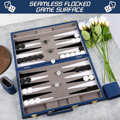 Froggod Travel Backgammon Sets for Adults – 15 Inch Premium Backgammon Set – PU Leather Case with Seamless Flocked Game Surface – Classic Board Games for 2 Player and Gift for Men(Dark Blue)