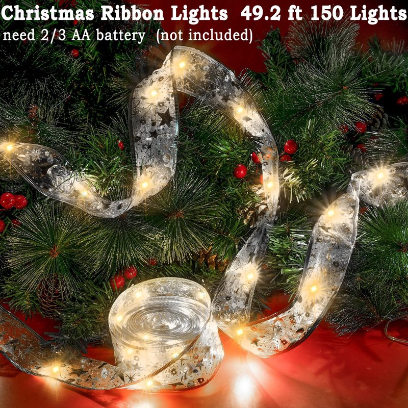 Minetom Christmas Tree Ribbon String Lights - 33ft 100 LED Battery Powered Fairy Lights with Timer