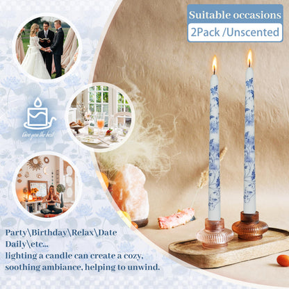 Blue and White Porcelain Taper Candles 10 inch - 2 Pack Chinoiserie Taper Candles Lotus Pattern Printed Smokeless, Unscented Perfect for Home Decor, Weddings, and Special Occasions