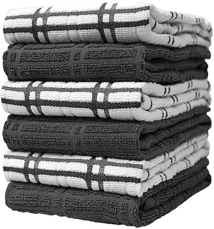 Dish Towel 16"x26" | Grey Windowpane Design | Kitchen Hand Towels, Large Tea Towel Set | Natural Ring Spun Cotton Dish Towels for Kitchen | Soft, Highly Absorbent | 400 GSM – 6 Pack